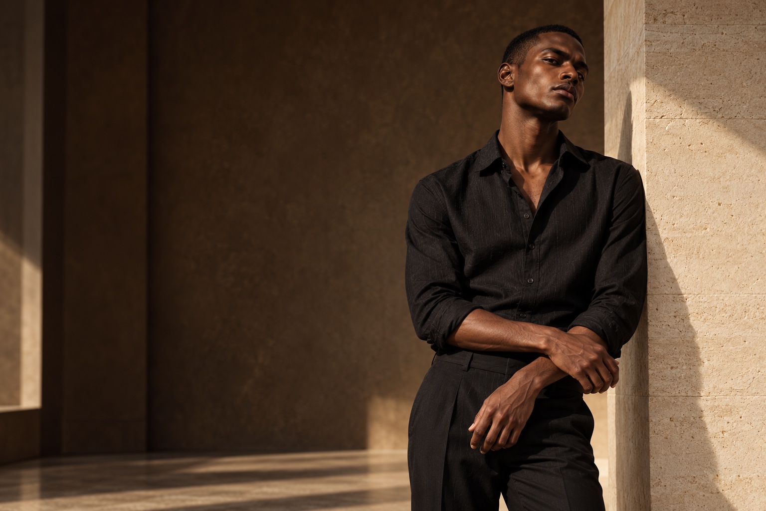 Black shirt campaign concept in warm architectural light