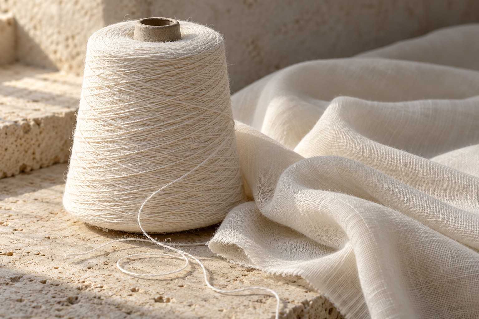 Illustrative fine cotton yarn and softly folded ivory woven cloth